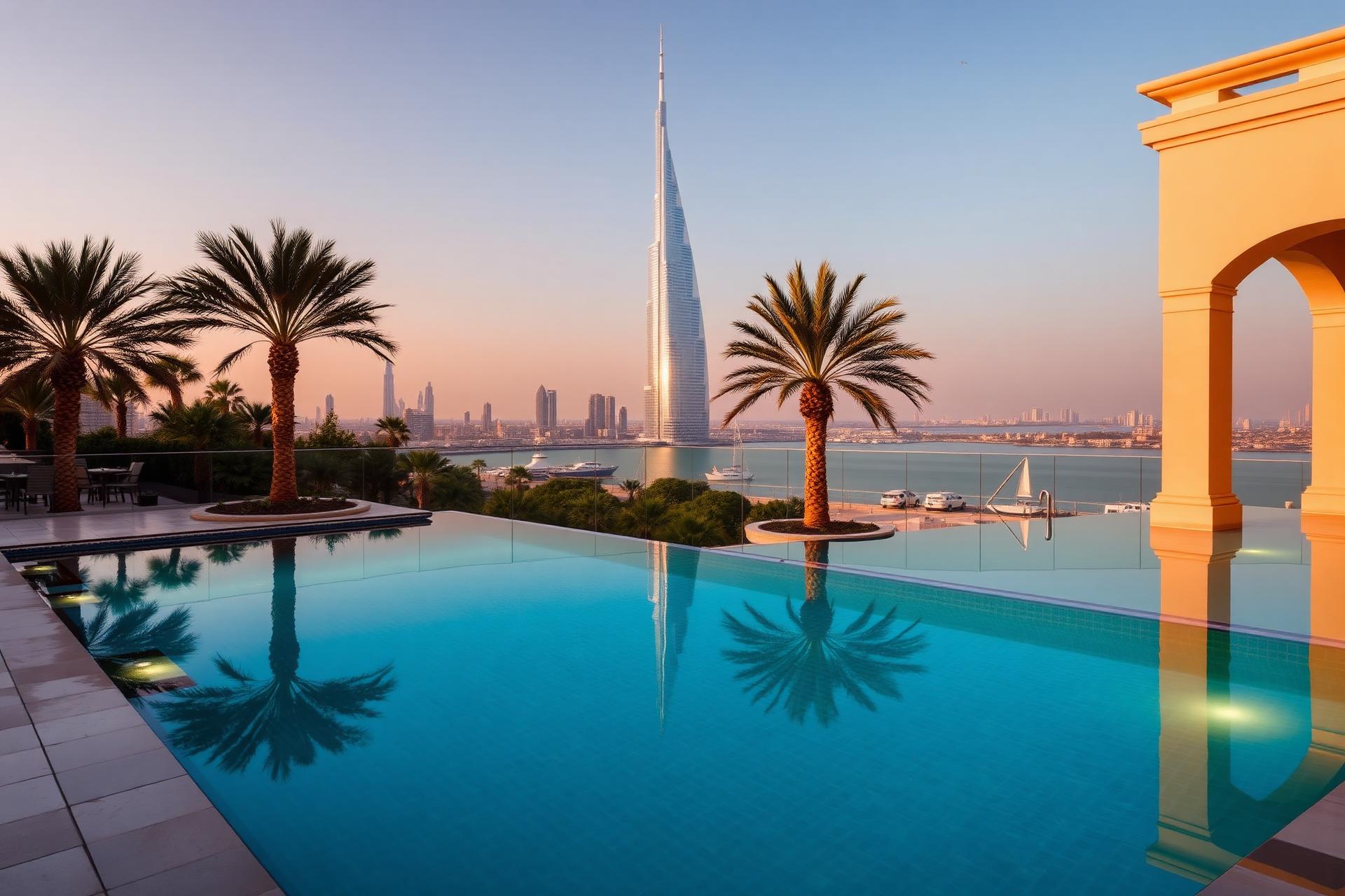 Luxury villa overlooking the Dubai skyline at sunset